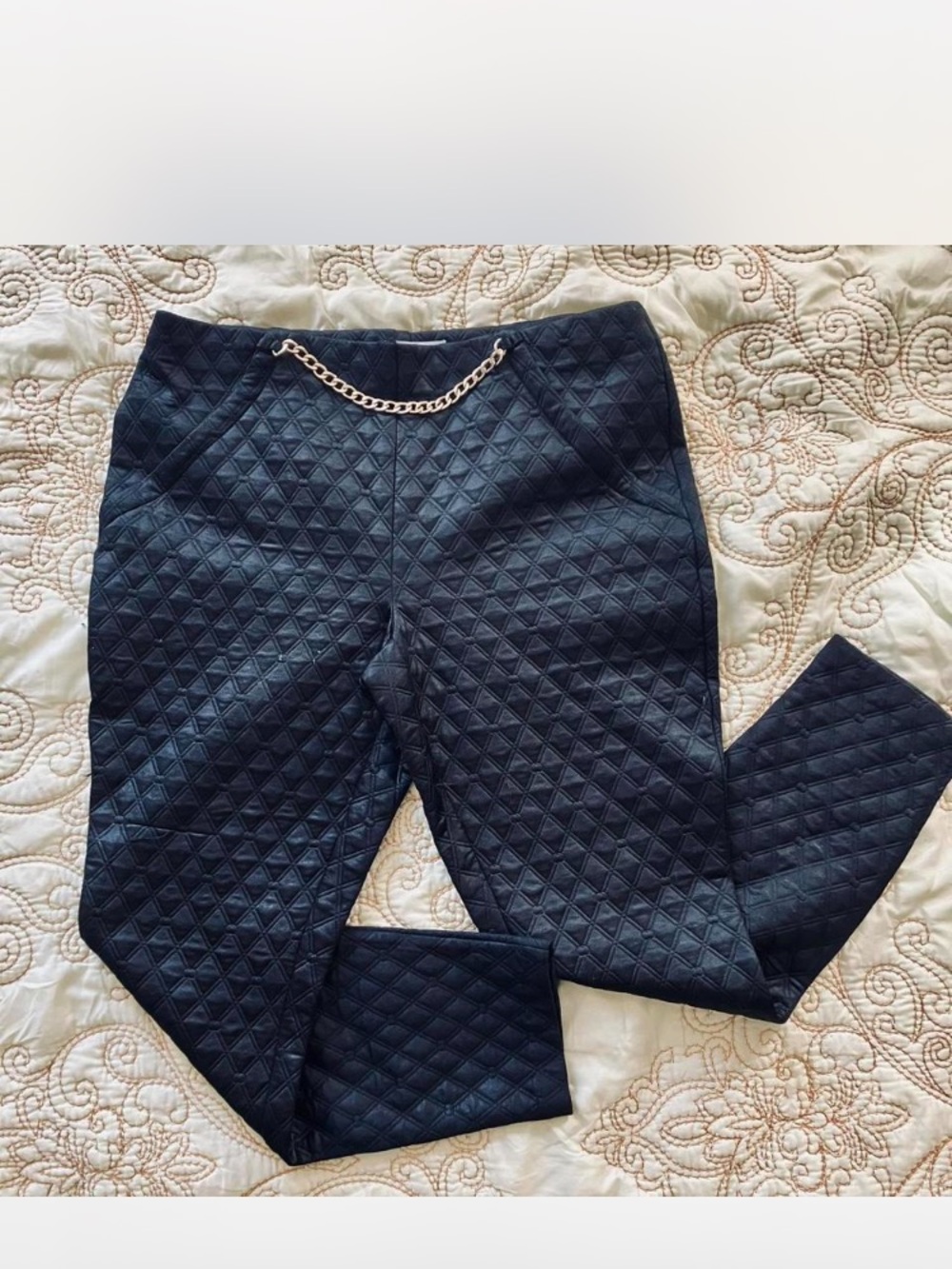 Black Quilted Ankle Pants with Chain Detail